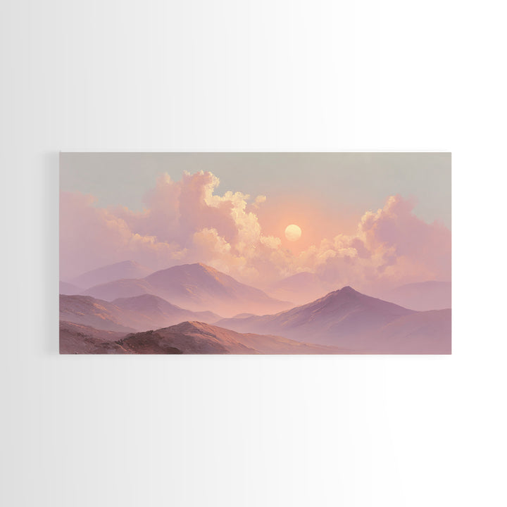 Misty Pink Mountain Sunset Wall Art, Pastel Landscape Canvas Print, Serene Nature Decor, Bedroom Above Bed Calming Wall Art