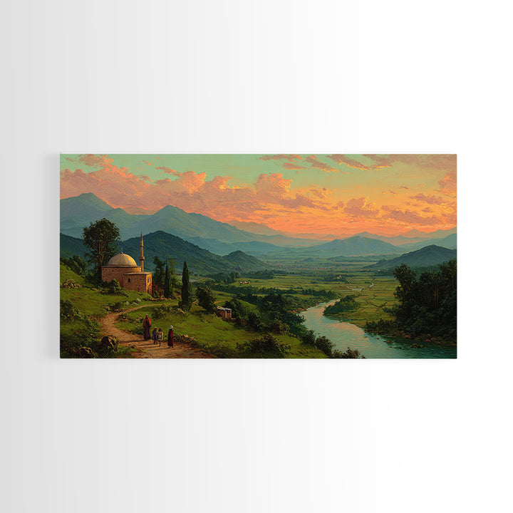 Mountain Valley Mosque At Golden Sunset Canvas Print, Panoramic Landscape Wall Art, Rustic Home Decor, Travel Poster, Fine Art Print