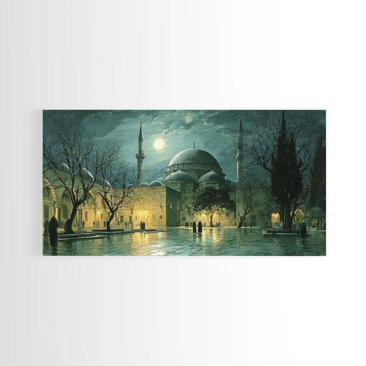 Moonlit Ottoman Mosque Wall Art, Islamic Architecture Canvas Print, Istanbul Landscape, Ramadan Decor, Elegant Home Decor