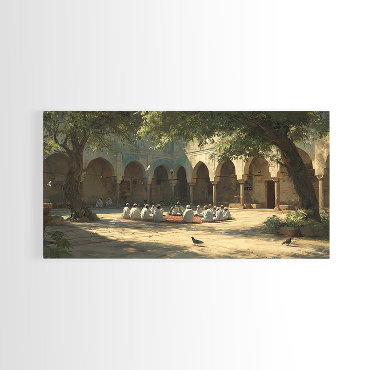 Sunlit Madrasa Courtyard Wall Art, Islamic Architecture Canvas Print, Peaceful Meditation Room Decor, Serene Travel Poster