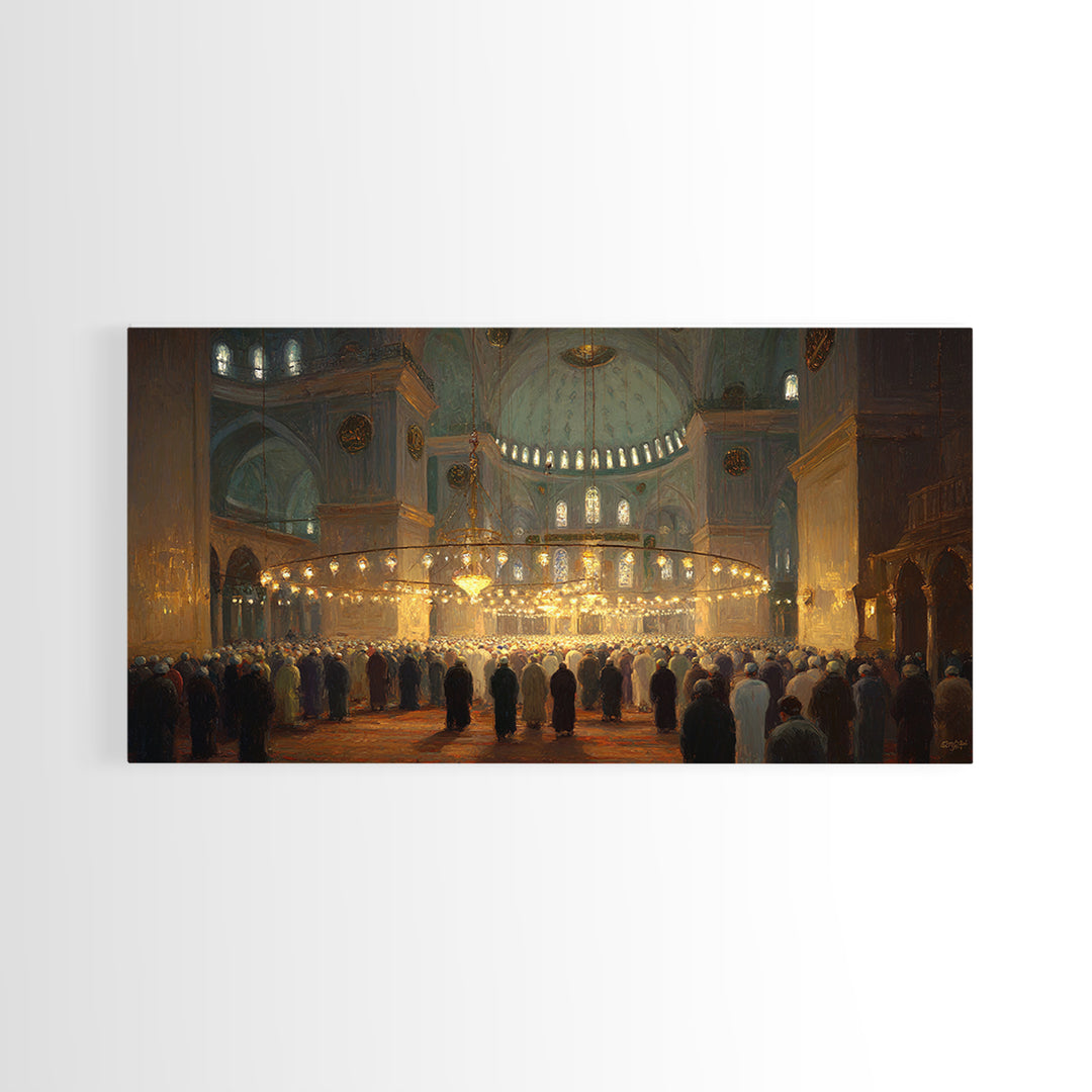 Golden Mosque Prayer Hall Interior Wall Art, Islamic Architecture Framed Canvas Print, Spiritual Decor, Eid Gift For Home