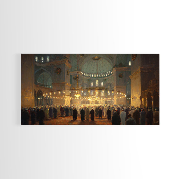 Golden Mosque Prayer Hall Interior Wall Art, Islamic Architecture Framed Canvas Print, Spiritual Decor, Eid Gift For Home
