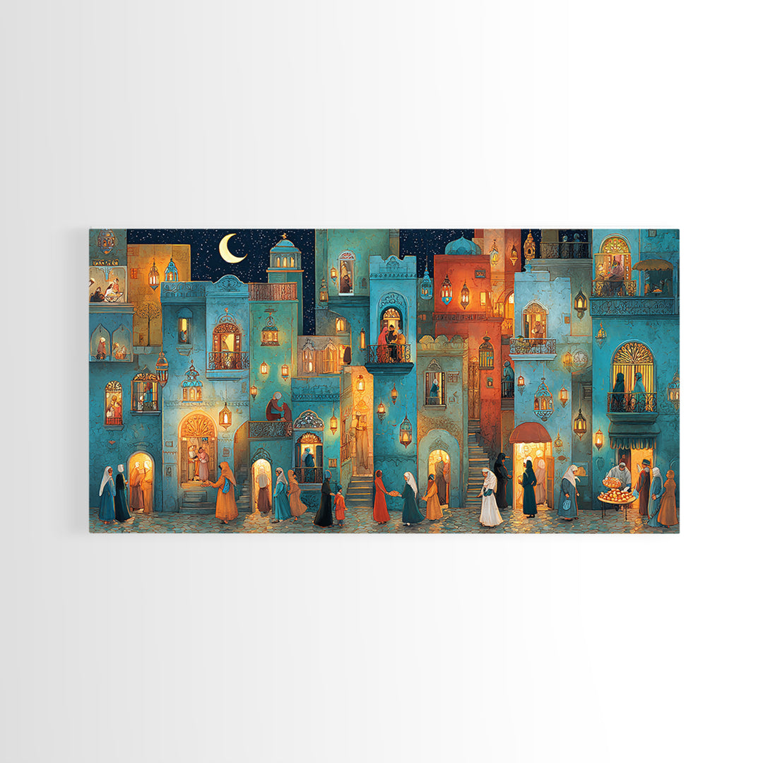 Moonlit Middle Eastern City Wall Art, Ramadan Night Canvas Print, Moroccan Decor, Islamic Home Decor, Housewarming New Home Gift