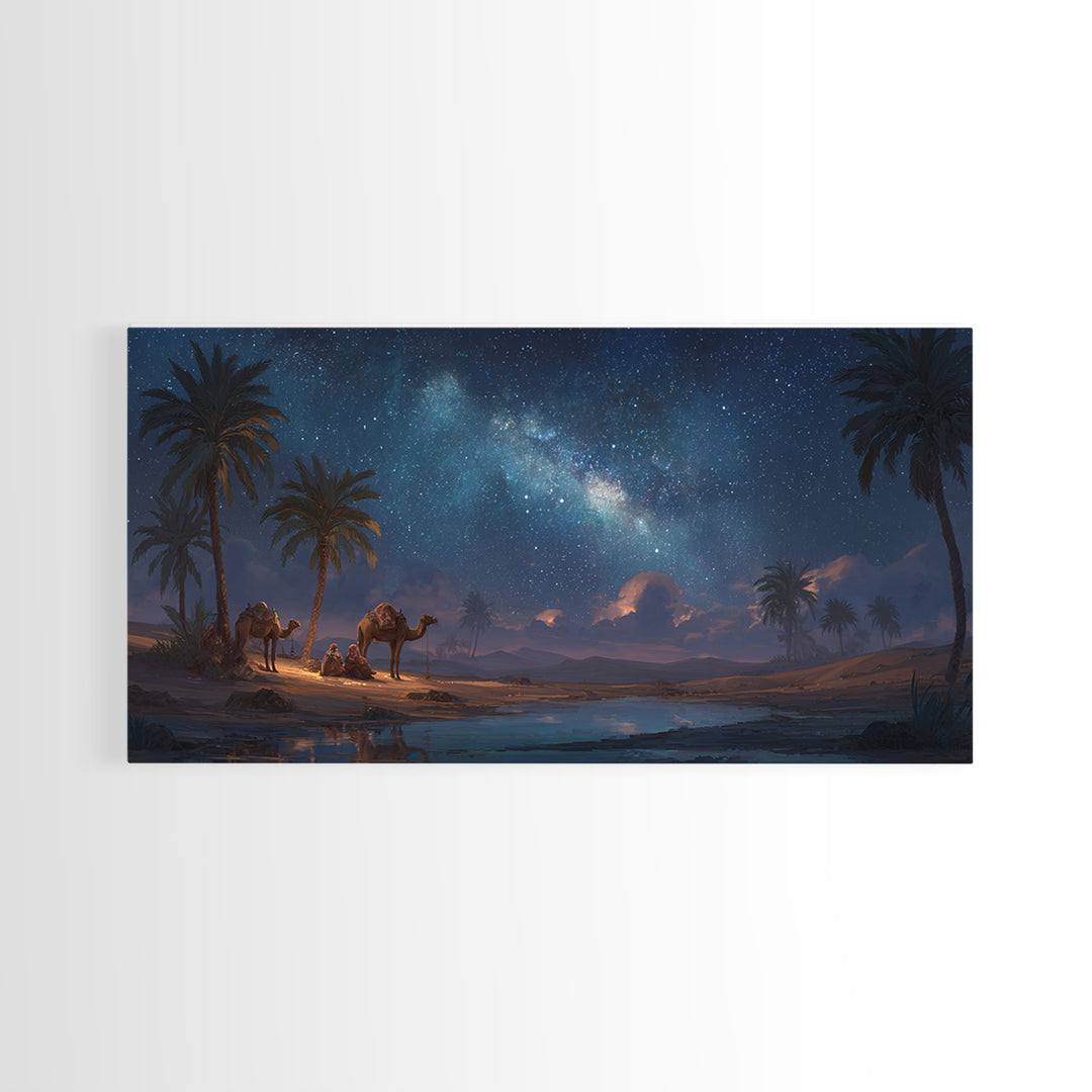 Starry Desert Oasis With Camels Wall Art, Celestial Landscape Canvas Print, Boho Travel Decor, Night Sky Gift For Him, Large Wall Decor