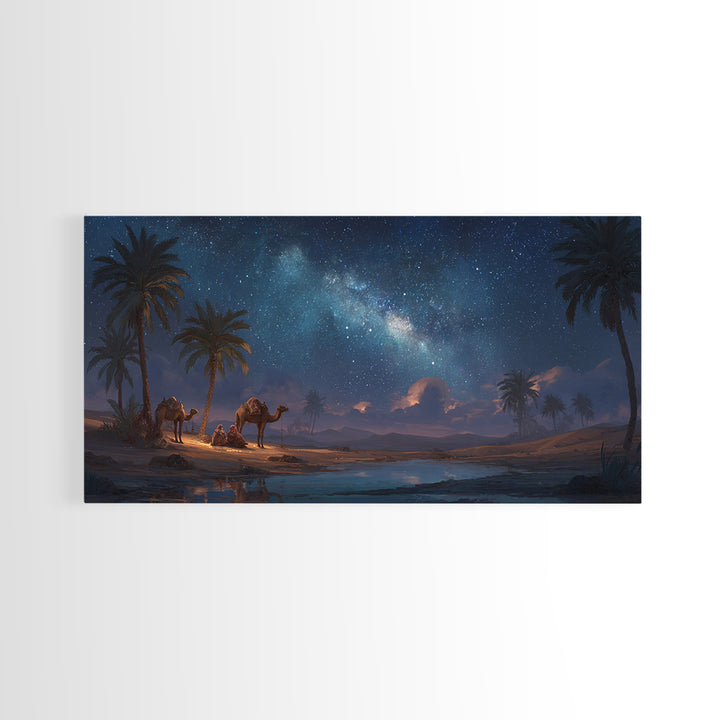 Starry Desert Oasis With Camels Wall Art, Celestial Landscape Canvas Print, Boho Travel Decor, Night Sky Gift For Him, Large Wall Decor
