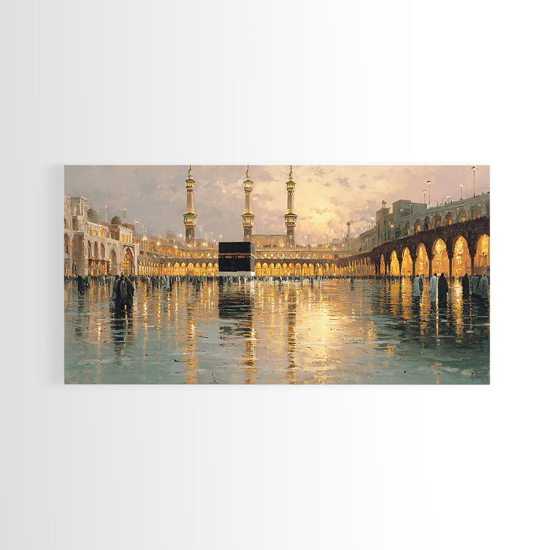 Kaaba Reflection At Masjid Al Haram Framed Canvas Print, Islamic Wall Art, Mecca Mosque Decor, Ramadan Eid Gift For Home