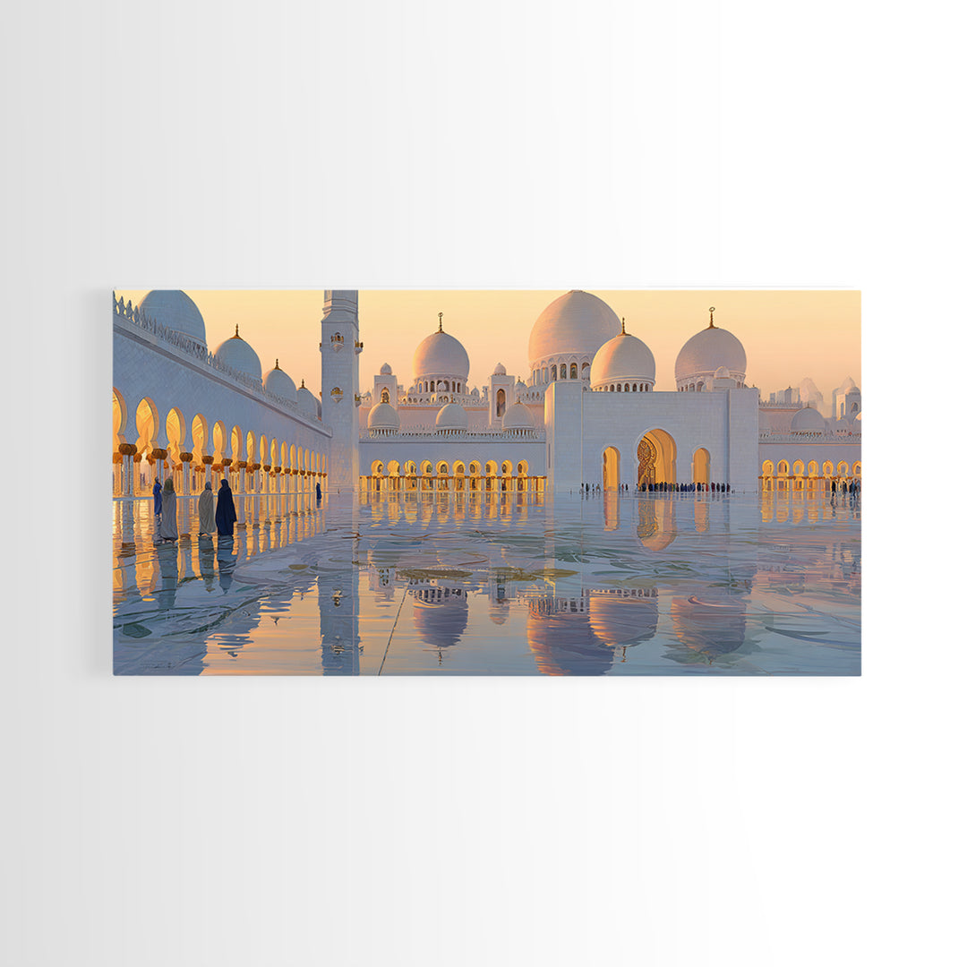 Golden Mosque Reflections Wall Art, Islamic Framed Canvas Print, Serene Architecture Decor For Prayer Room And Home, Office Decor