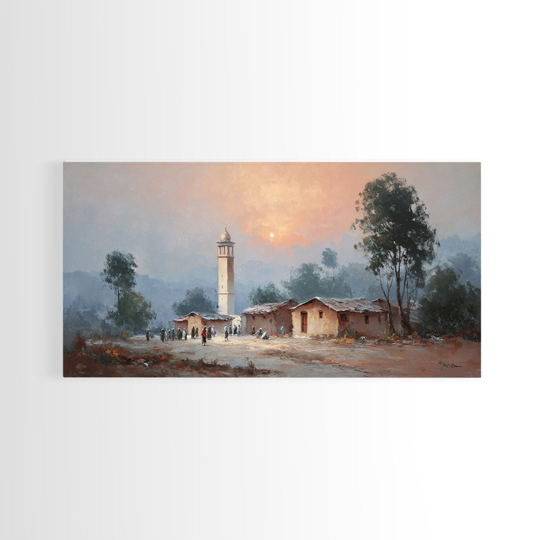 Sunset Mosque Village And Misty Rural Landscape Canvas Print, Country Wall Art, Rustic Home Decor, Housewarming Gift, Fine Art Print