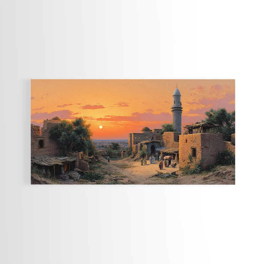 Sunset Village With Stone Mosque Wall Art, Middle Eastern Travel Poster, Islamic Home Decor, Warm Landscape Print, Gift Idea