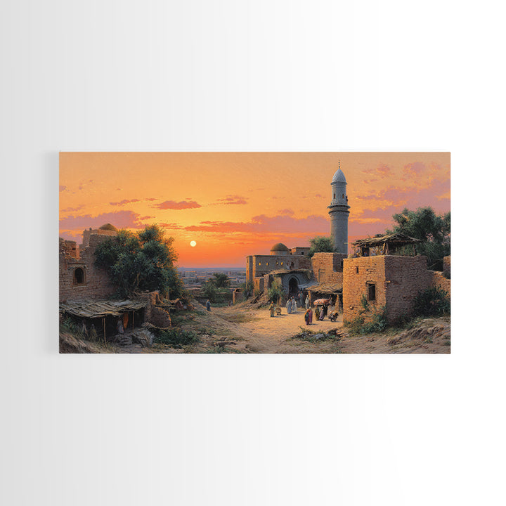 Sunset Village With Stone Mosque Wall Art, Middle Eastern Travel Poster, Islamic Home Decor, Warm Landscape Print, Gift Idea