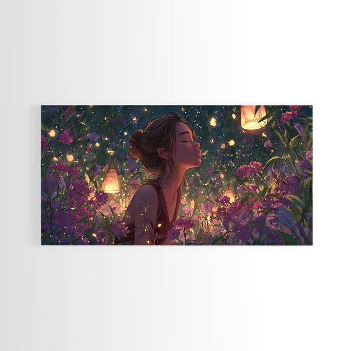 Dreamy Woman In Lantern Flower Garden Wall Art, Fantasy Canvas Print, Whimsical Floral Decor, Feminine Bedroom Gift For Her