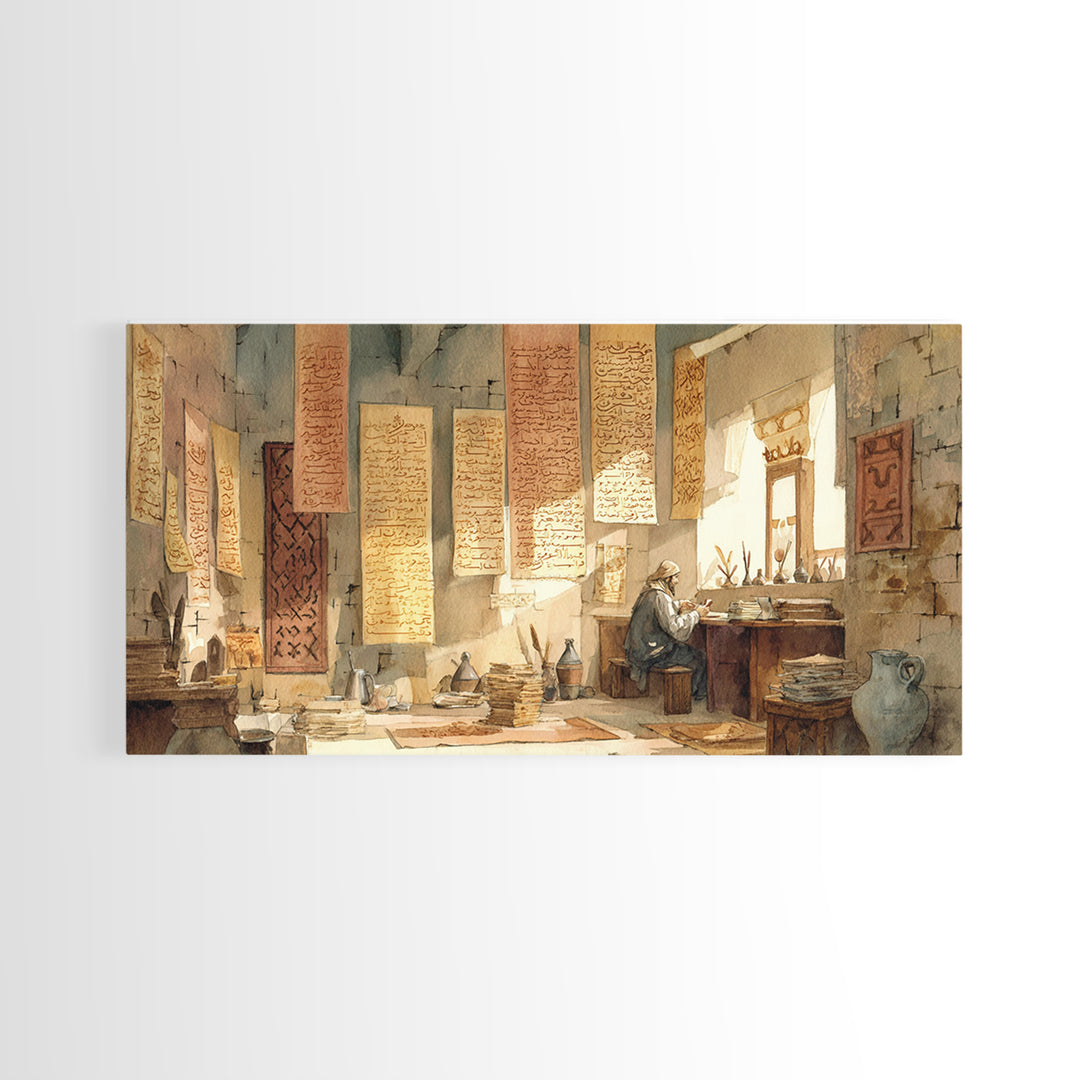 Sunlit Scribe Study Wall Art, Ancient Manuscripts Canvas, Scholarly Library Decor, Historical Calligraphy Art Print Gift
