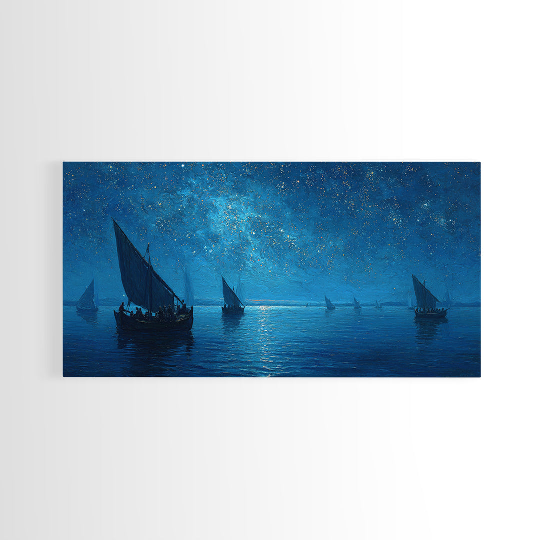 Starry Blue Night Sailboats Canvas Print, Nautical Seascape Wall Art, Coastal Bedroom Decor, Ocean Housewarming Gift For Her