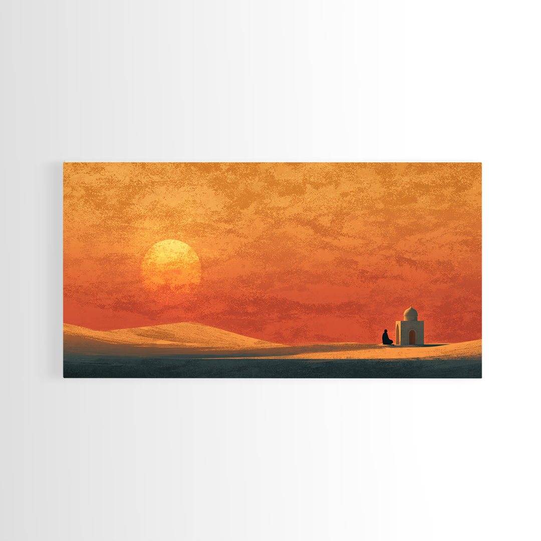 Desert Mosque At Orange Sunset Canvas Print, Islamic Wall Art, Moroccan Decor, Spiritual Art, Minimalist Home Decor Gift