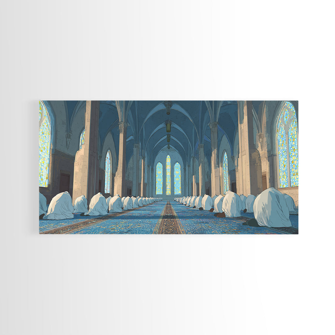 Praying Worshippers In Blue Mosque Framed Canvas Print, Islamic Wall Art, Spiritual Home Decor, Ramadan Housewarming Gift