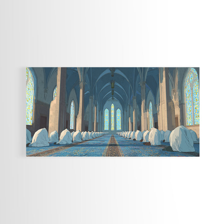 Praying Worshippers In Blue Mosque Framed Canvas Print, Islamic Wall Art, Spiritual Home Decor, Ramadan Housewarming Gift