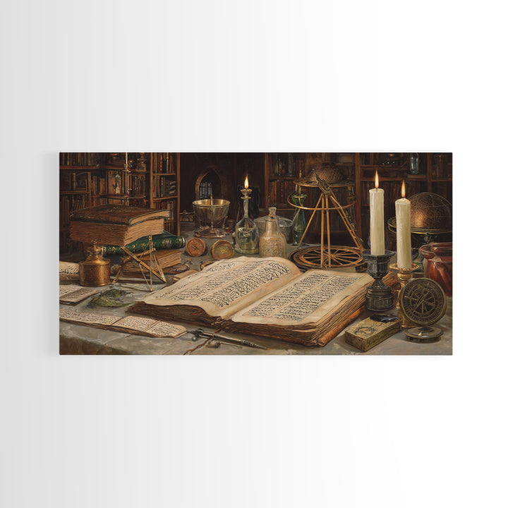 Alchemy Library Manuscript Wall Art, Dark Academia Canvas Print, Occult Still Life, Gothic Office Decor, Book Lover Gift