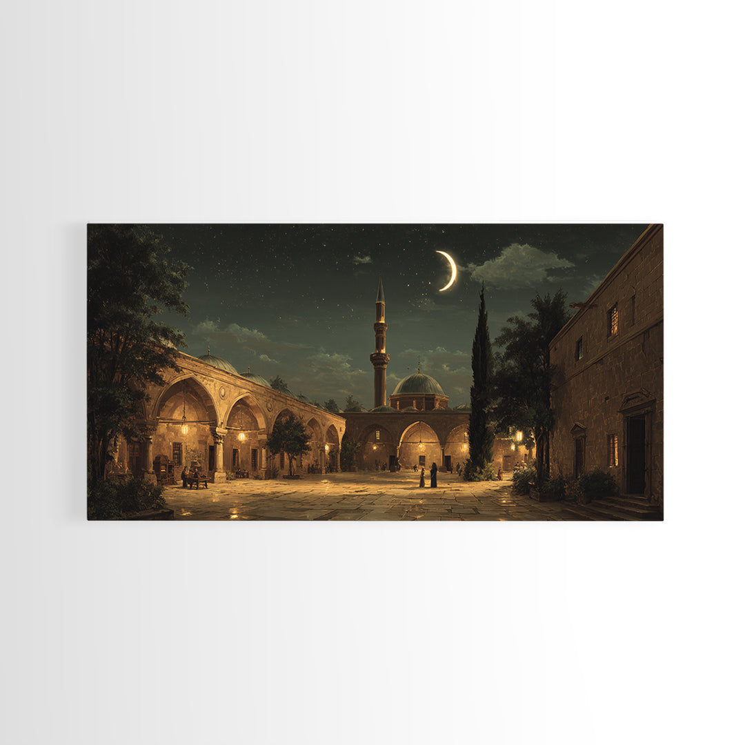 Crescent Moon Mosque Courtyard Wall Art, Islamic Framed Canvas Print, Celestial Night Decor For Prayer Room And Living Room
