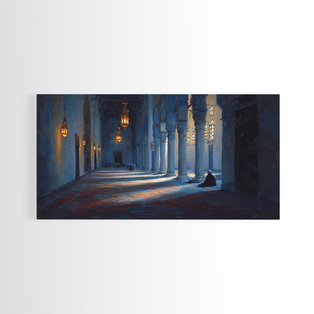 Blue Mosque Prayer Hall Wall Art, Moody Islamic Interior Canvas Print, Lantern Light, Spiritual Home Decor For Meditation