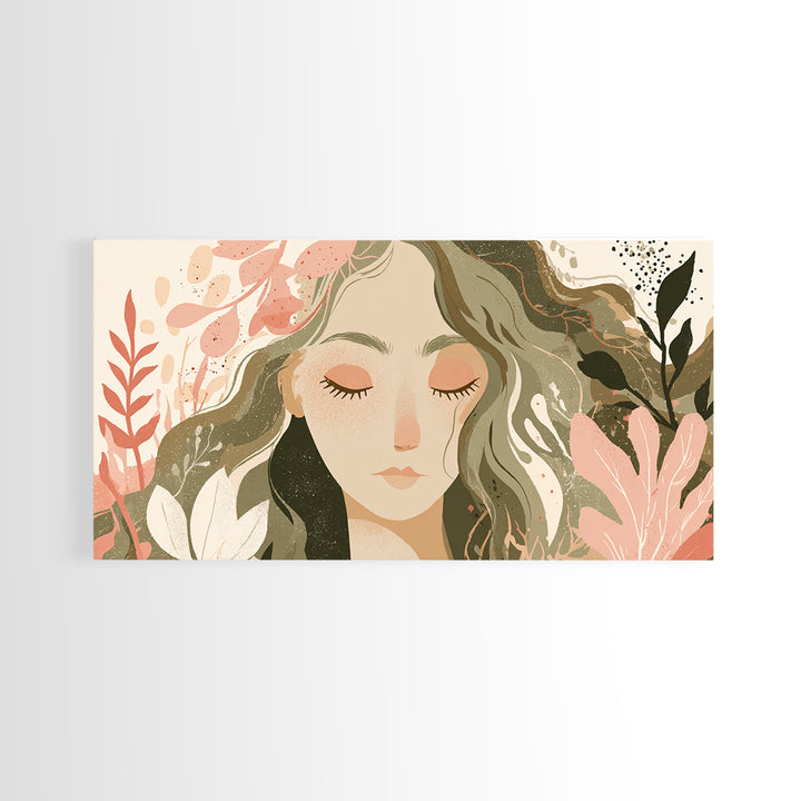Serene Floral Woman Portrait Wall Art, Boho Botanical Canvas Wall Decor, Feminine Neutral Living Room Art Print, Gift For Her