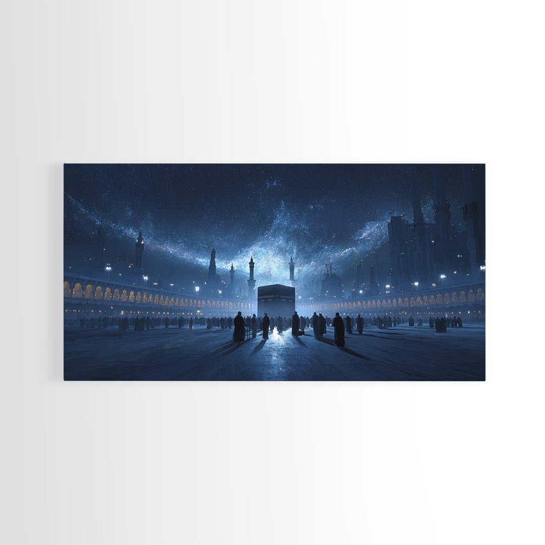 Kaaba Under Starry Blue Night Wall Art, Islamic Architecture Canvas Print, Ramadan Decor, Spiritual Travel Poster Gift Idea