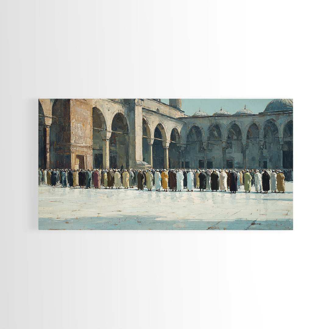 Islamic Courtyard Prayer Gathering Wall Art, Mosque Architecture Canvas Print, Muslim Home Decor, Ramadan Eid Spiritual Gift