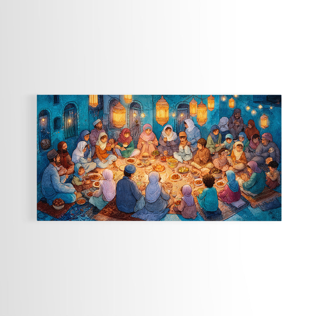 Ramadan Iftar Family Feast Under Lanterns Canvas Print, Islamic Wall Art, Eid Decor, Muslim Home Decor, Housewarming Gift