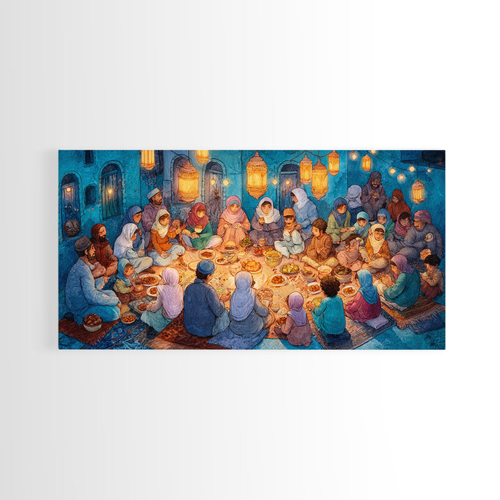 Ramadan Iftar Family Feast Under Lanterns Canvas Print, Islamic Wall Art, Eid Decor, Muslim Home Decor, Housewarming Gift