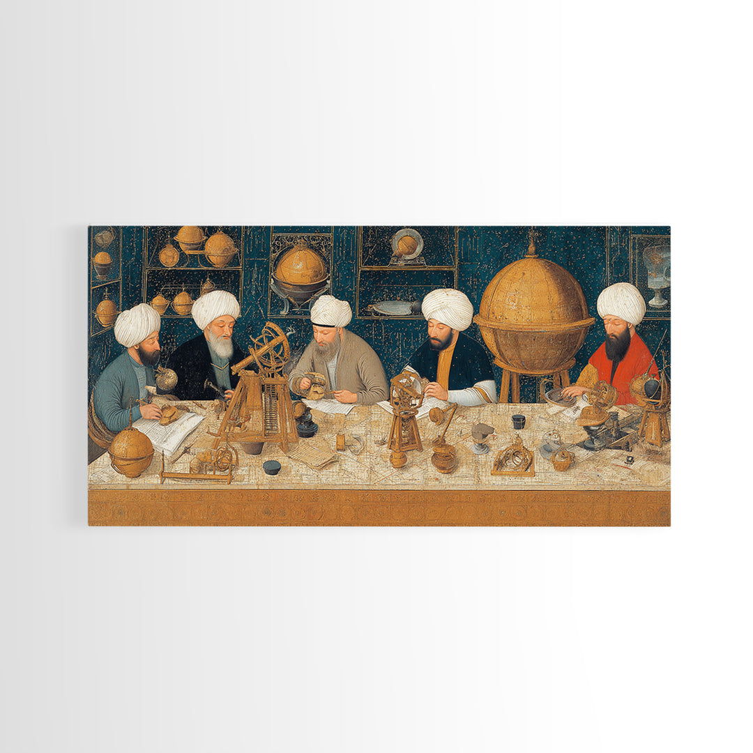 Golden Age Astronomers With Astrolabes Canvas Print, Islamic Wall Art, Historical Science Art, Arabic Decor, Office Wall Decor