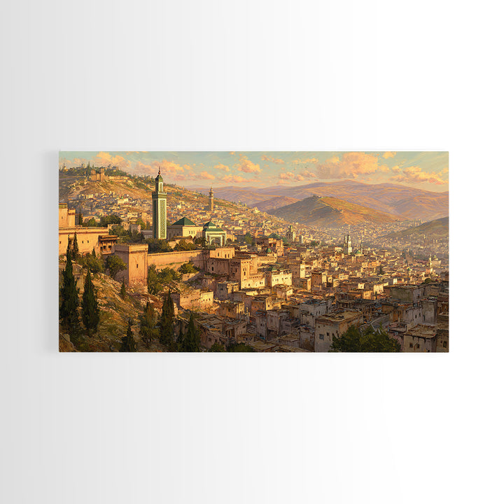 Golden Moroccan Medina Cityscape Canvas Print, Travel Poster Wall Art For Living Room Decor And Elegant Morocco Wall Decor
