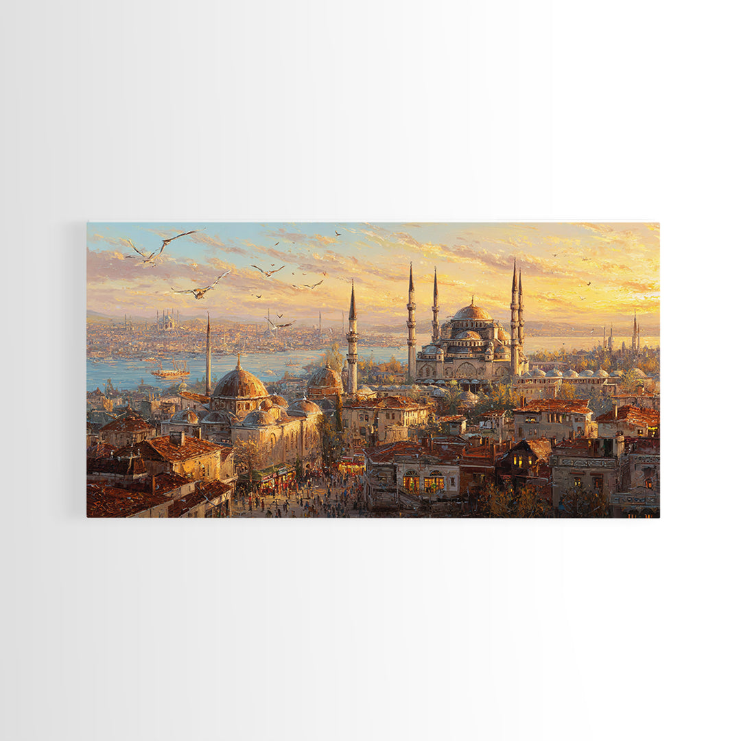 Istanbul Mosque Skyline At Sunset Wall Art, Turkish Travel Poster, Islamic Architecture Canvas Print, Warm City Living Room Decor