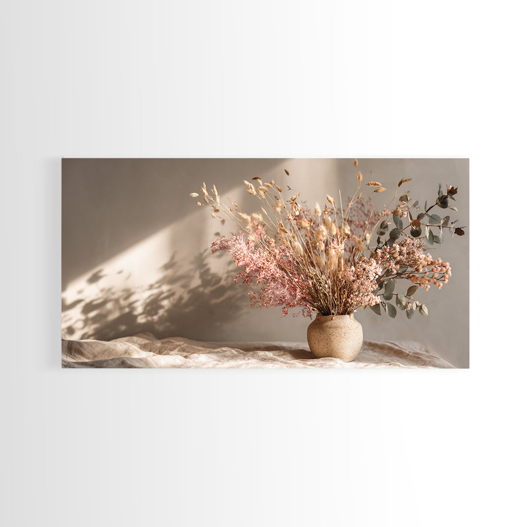 Blush Dried Floral Bouquet In Ceramic Vase Framed Canvas Print, Neutral Boho Wall Art, Earth Tone Living Room Decor Gift