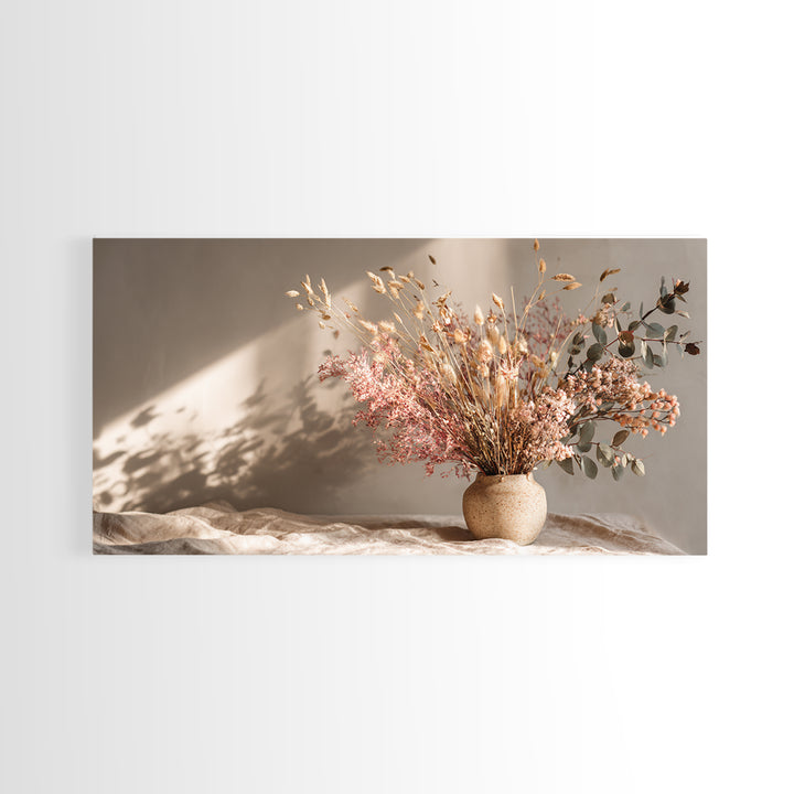 Blush Dried Floral Bouquet In Ceramic Vase Framed Canvas Print, Neutral Boho Wall Art, Earth Tone Living Room Decor Gift