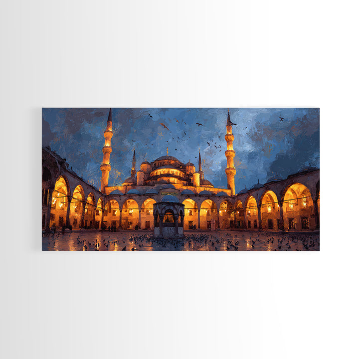 Illuminated Mosque Courtyard Wall Art, Islamic Architecture Canvas Print, Blue Evening Decor, Prayer Room Decor, Eid Gift
