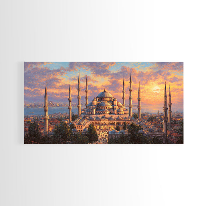 Sunset Blue Mosque Canvas Print, Istanbul Islamic Architecture Wall Art, Travel Poster Decor For Elegant Living Room Home Decor