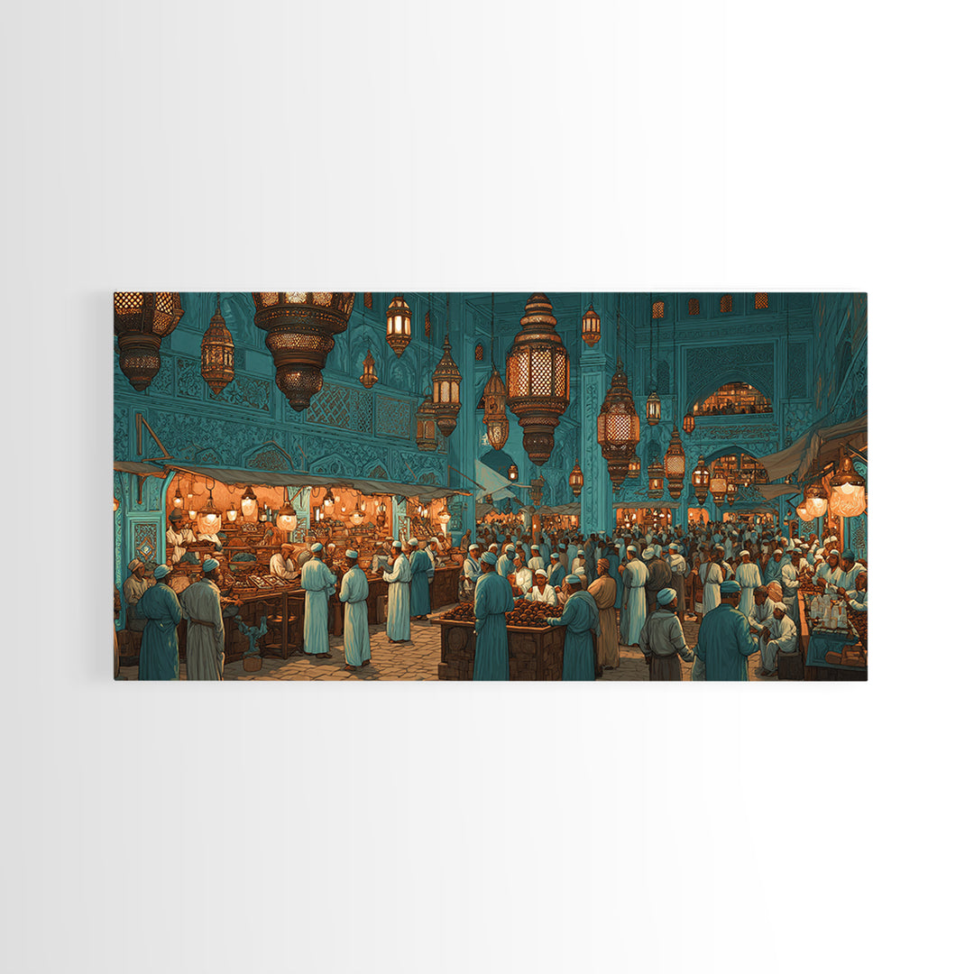 Moroccan Lantern Market Wall Art, Teal Souk Scene, Islamic Architecture Print, Middle Eastern Home Decor, Ramadan Gift For Living Room