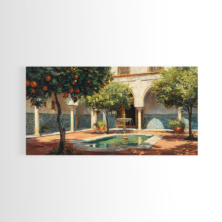 Moroccan Courtyard With Orange Trees Framed Canvas Print, Mediterranean Wall Art, Islamic Architecture Home Decor Gift Idea