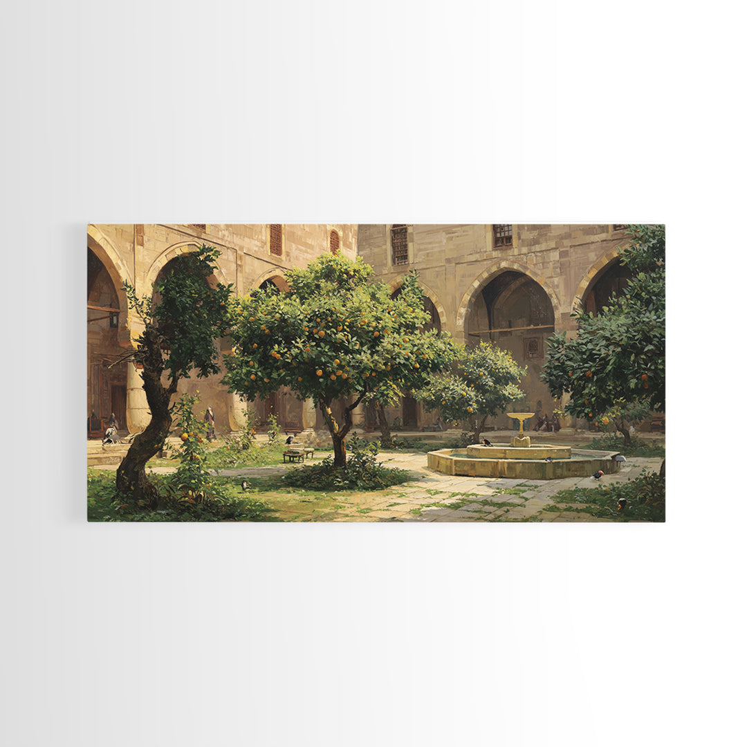 Orange Tree Courtyard Wall Art, Mediterranean Garden Canvas Print, Italian Villa Decor, Rustic Landscape, Housewarming Gift