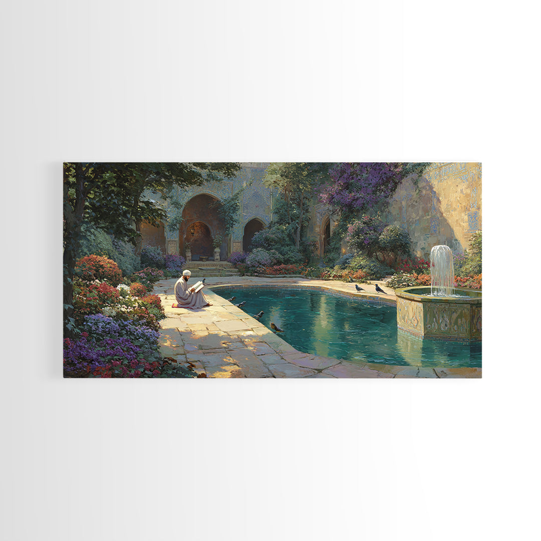 Serene Courtyard Garden With Fountain Wall Art, Mediterranean Canvas Print, Islamic Architecture, Peaceful Reading Nook Decor