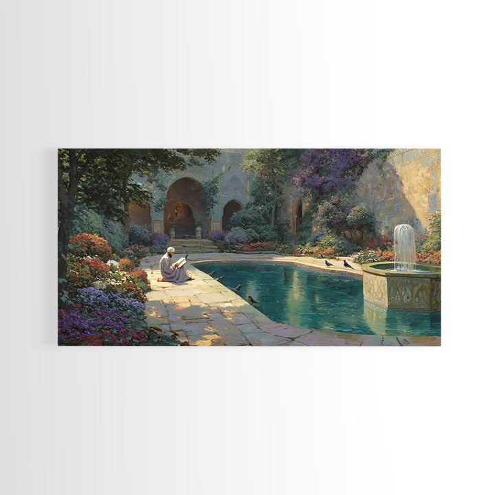 Serene Courtyard Garden With Fountain Wall Art, Mediterranean Canvas Print, Islamic Architecture, Peaceful Reading Nook Decor