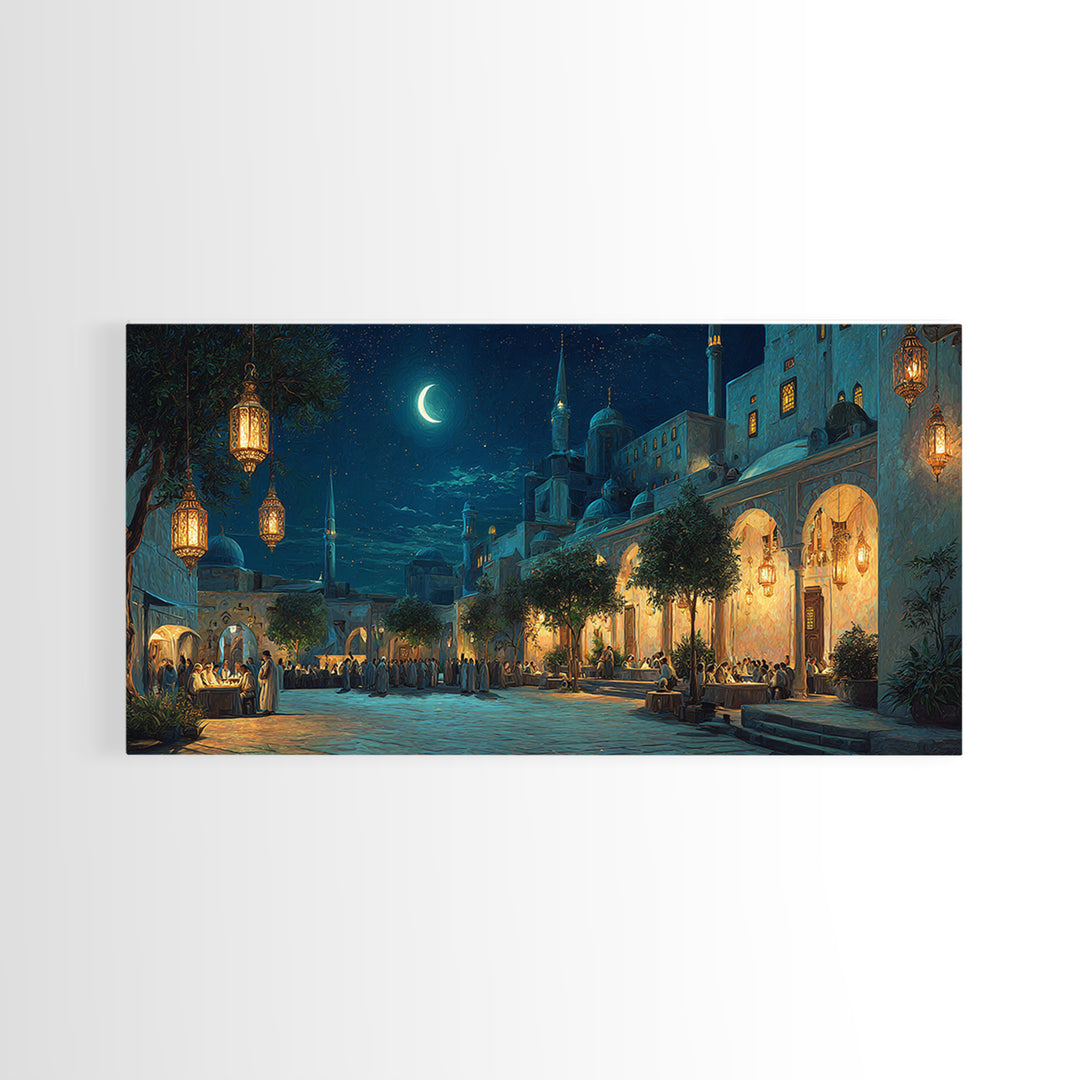 Moonlit Middle Eastern Market Street Wall Art, Islamic Architecture Canvas Print, Ramadan Decor, Moroccan Night Poster, Eid Gift
