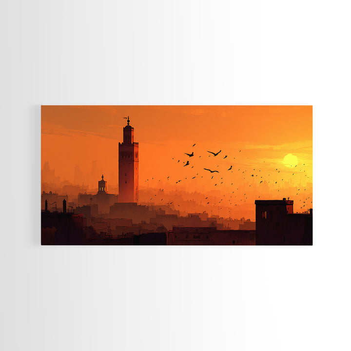 Orange Marrakech Skyline Wall Art, Moroccan Tower Sunset Canvas Print, Travel Poster, Islamic Architecture, Warm Home Decor