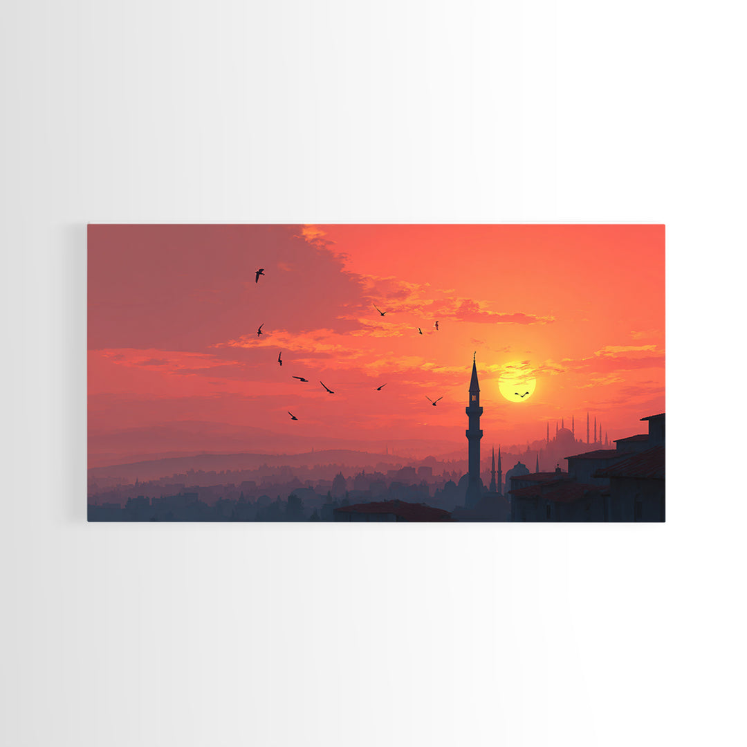 Istanbul Sunset Minaret Skyline Wall Art, Turkish Travel Poster For Living Room Decor, Orange Wall Decor And Housewarming Gift