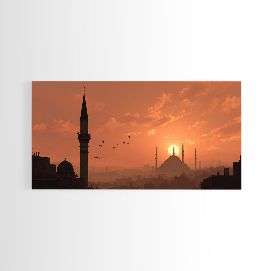 Orange Mosque Skyline At Sunset Wall Art, Islamic Architecture Print, Middle Eastern Decor, Ramadan Eid Gift For Home Decor
