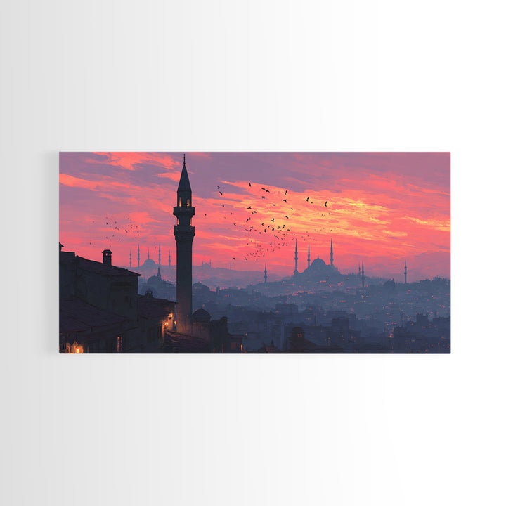 Istanbul Minarets At Pink Sunset Wall Art, Turkish Skyline Canvas Print, Middle Eastern Decor, Travel Poster, Islamic Art