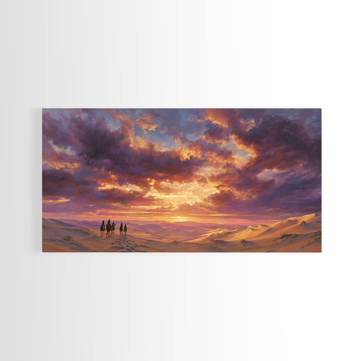 Desert Caravan At Purple Sunset Wall Art, Arabian Landscape Canvas Print, Dunes Travel Poster, Warm Boho Home Decor Gift