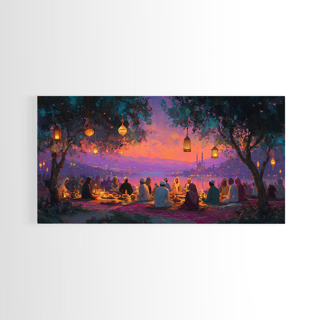 Lantern Lit Sunset Iftar Gathering Canvas Print, Islamic Wall Art, Ramadan Decor, Middle Eastern Home Decor Gift For Family