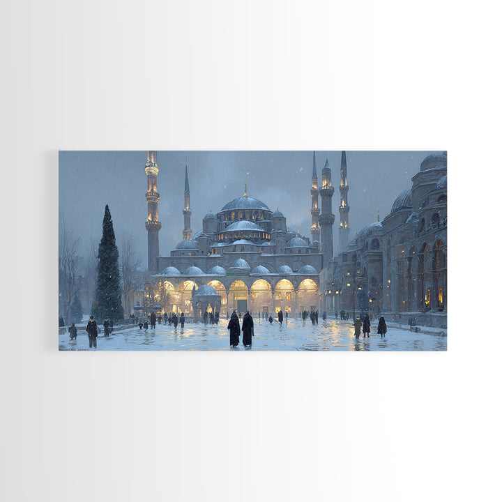 Snowy Istanbul Mosque Framed Canvas Print, Islamic Architecture Wall Art, Blue Winter Cityscape, Elegant Home Decor Gift