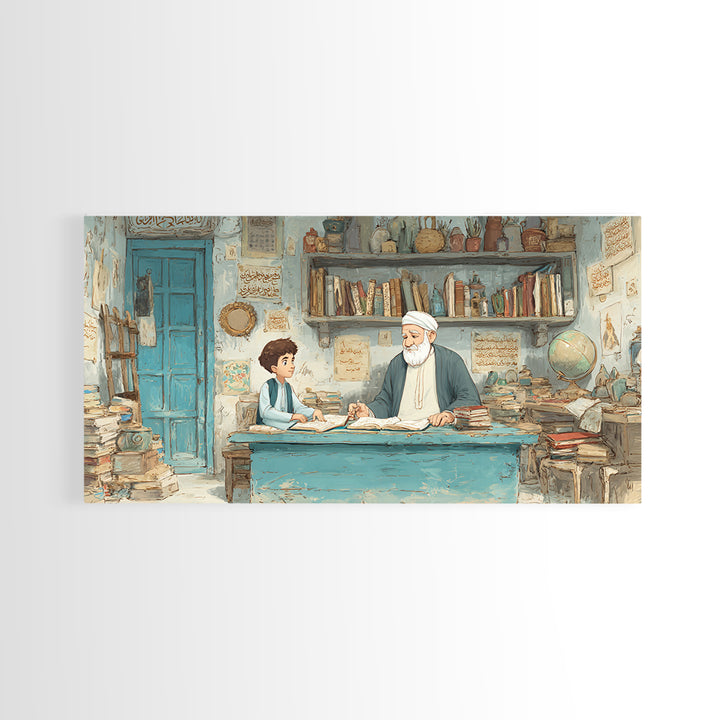 Wise Teacher And Child In Arabic Library Wall Art, Islamic Calligraphy Canvas Print, Scholarly Office Decor Gift For Teacher