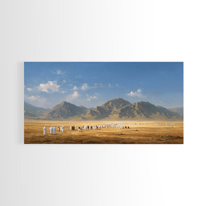 Desert Pilgrimage Beneath Rugged Mountains Framed Canvas Print, Islamic Wall Art, Panoramic Landscape Home Decor Gift Idea